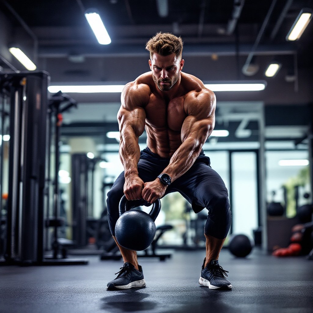 A man mid-swing with a kettlebell in a dark gym.