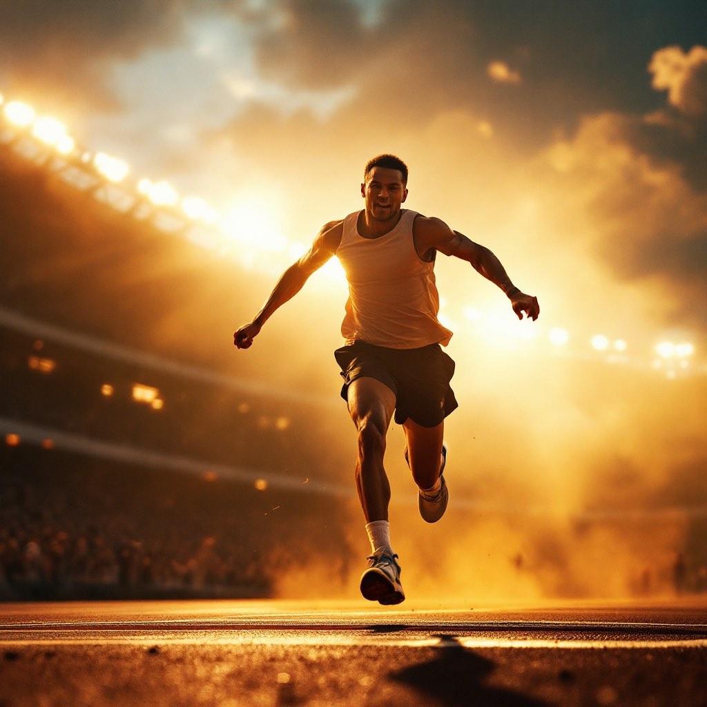 A runner crossing a floodlit track at sunset.