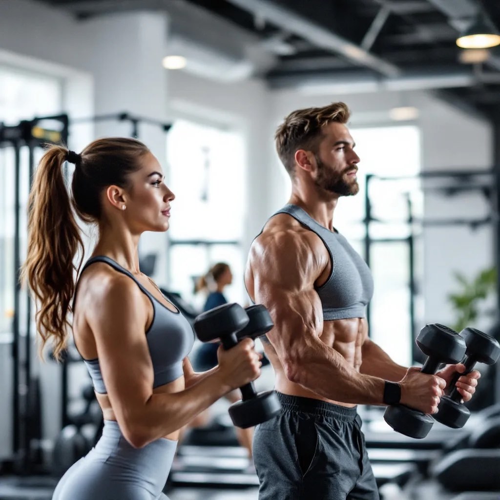 Two people lifting dumbbells in a bright gym.