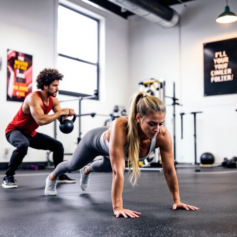 A woman holding a press-up on a studio floor while a man swings a kettlebell behind her.