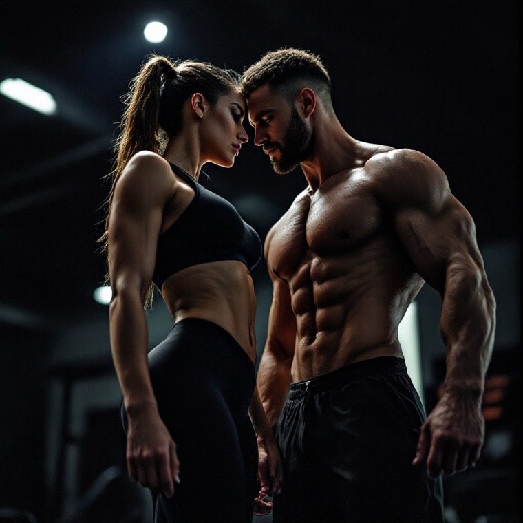 A woman and a man standing face to face in a dark gym.