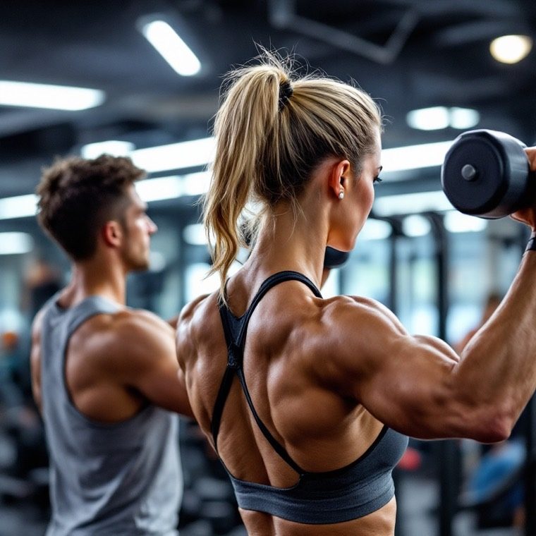 A close view of a woman curling a dumbbell, a man training behind her.