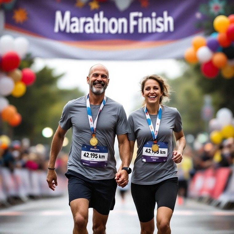 Two runners crossing a marathon finish line hand in hand, their race numbers reading 42.195 km.
