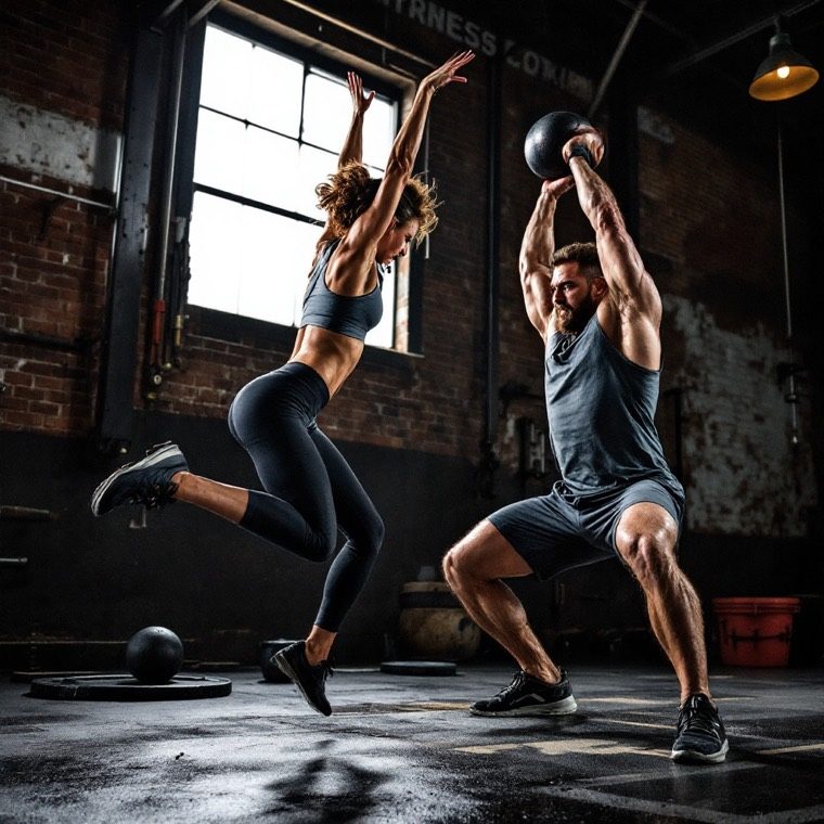 A woman leaping and a man pressing a kettlebell overhead in a brick-walled gym.