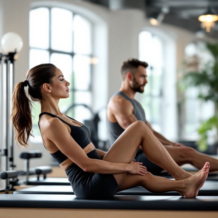 A woman sitting on a mat reaching towards her feet, an instructor kneeling beside her.