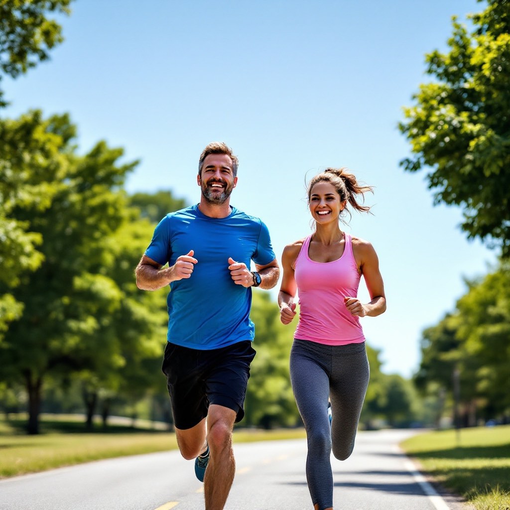 Two runners side by side on a park road in the morning.